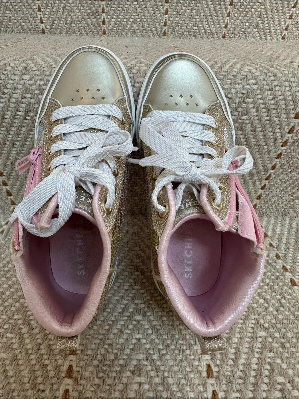 Skechers Girls Gold Sequin High-Top Sneakers with Pink Accents